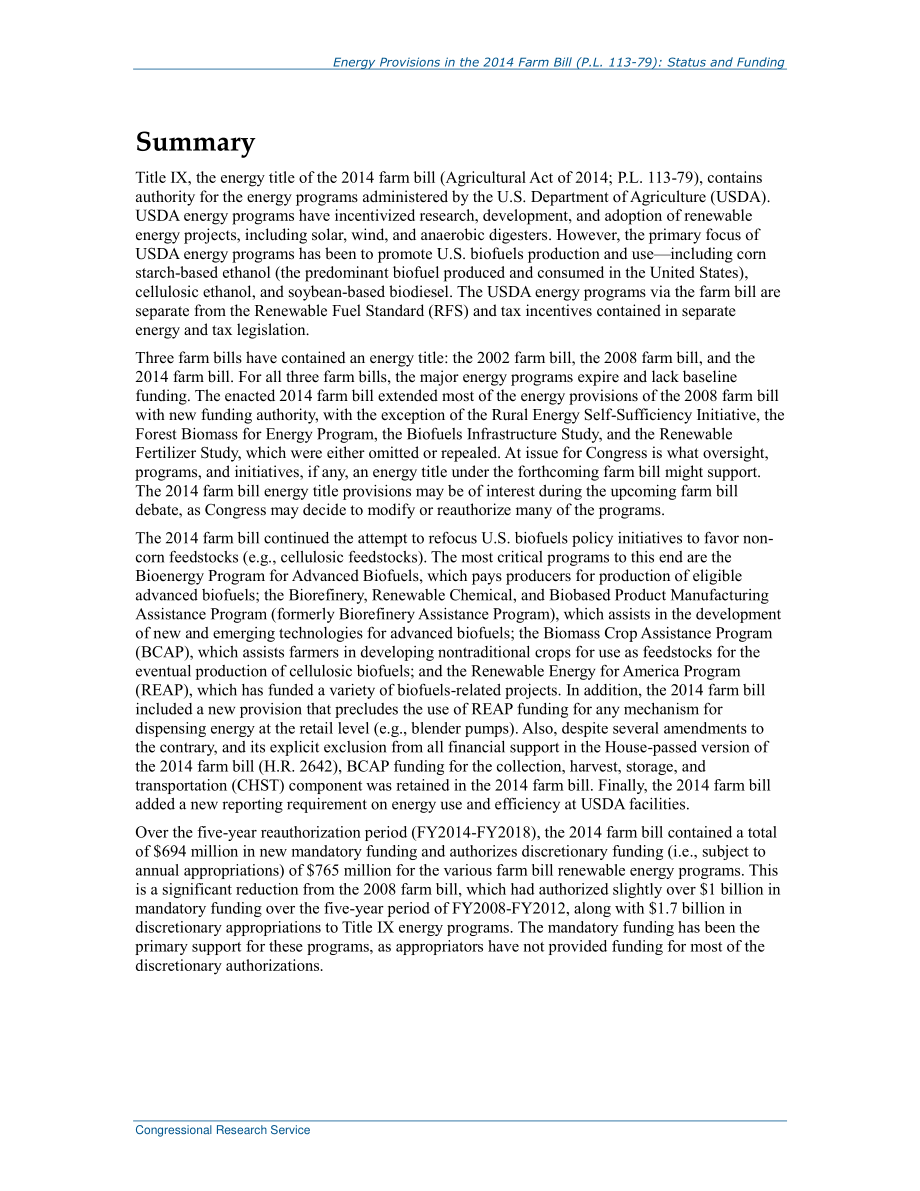 [20180712]R43416_2014年农业法案中的能源规定（P.L.113-79) 状态和资金.pdf_第2页