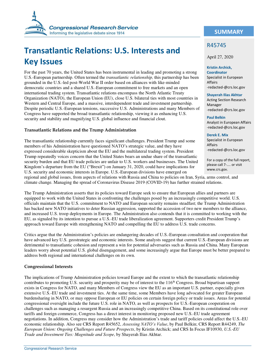 [20200427]R45745_跨大西洋关系：美国利益和关键问题.pdf_第2页