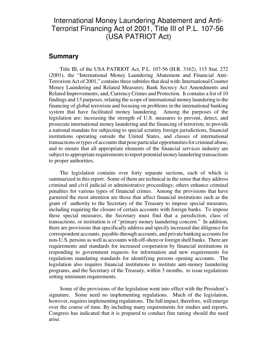 [20011204]RL31208_2001年《国际减少洗钱和反恐怖主义融资法》P.L.第三篇107-56（美国爱国者法案）.pdf_第2页