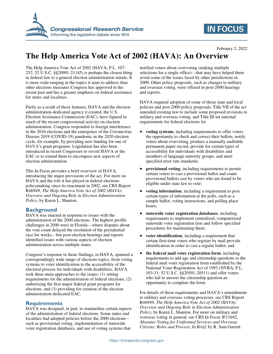[20220202]IF12033_2002年《帮助美国投票法案》（HAVA）：概述.pdf_第1页