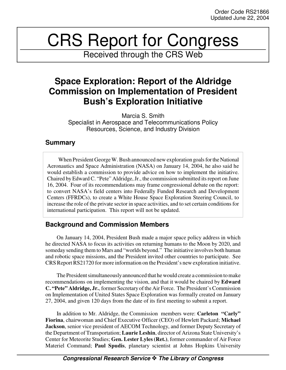 [20040622]RS21866_空间探索：奥尔德里奇委员会关于布什总统勘探倡议执行情况的报告.pdf_第1页