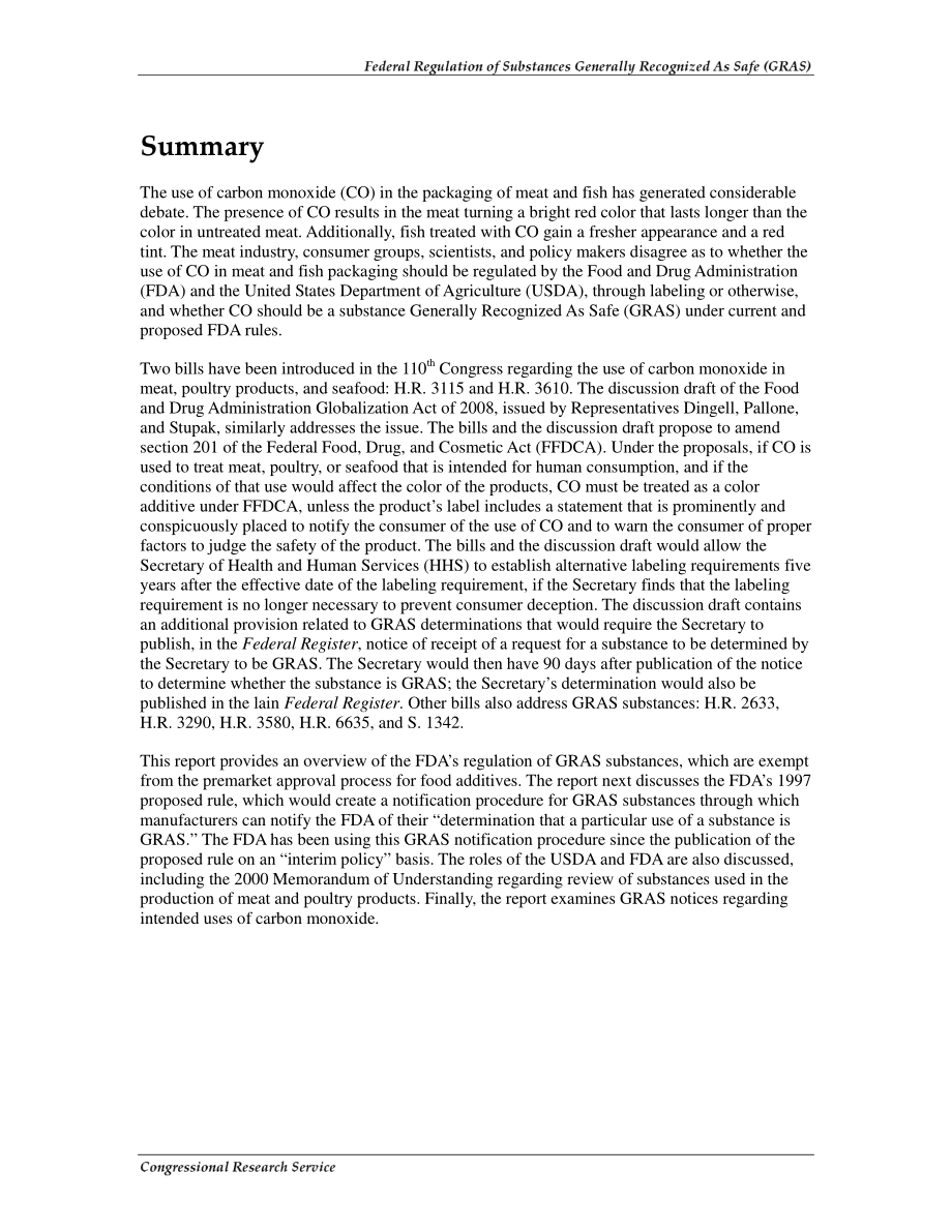 [20080925]RL34247_《公认安全物质联邦法规》（GRAS）和肉类和鱼类包装中一氧化碳的使用.pdf_第2页