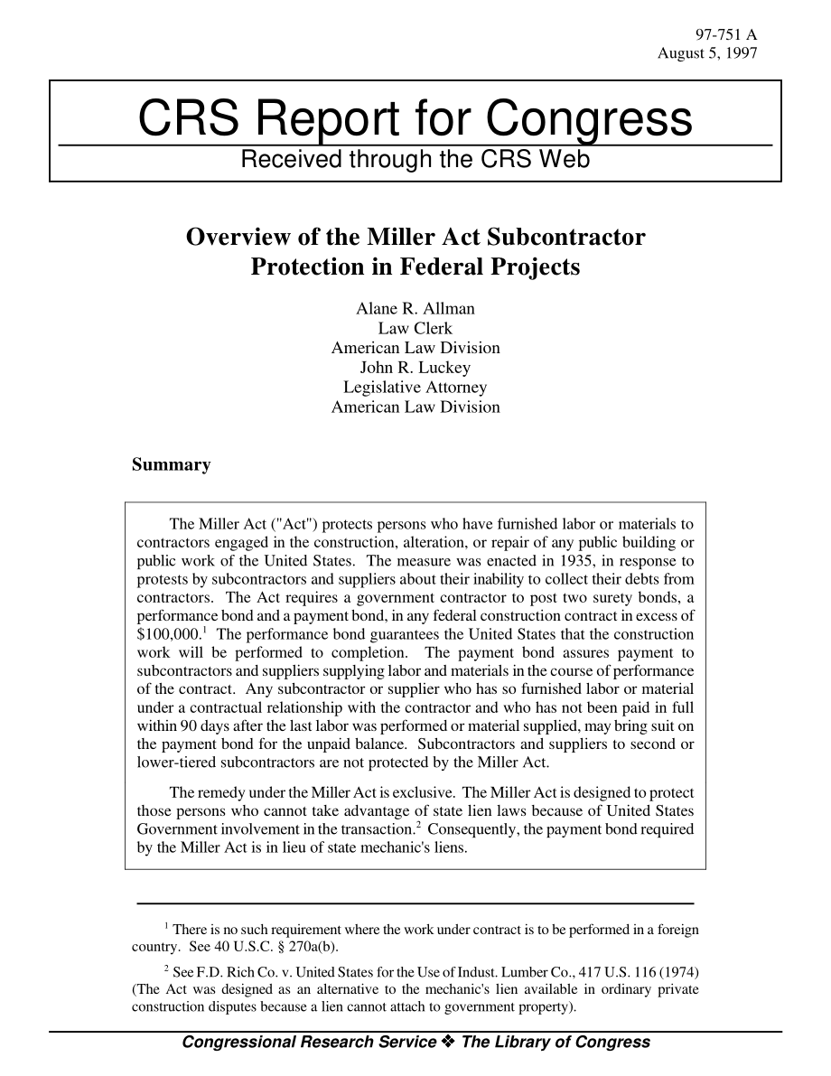 [19970805]97-751_联邦项目中米勒法案分包商保护概述.pdf_第1页