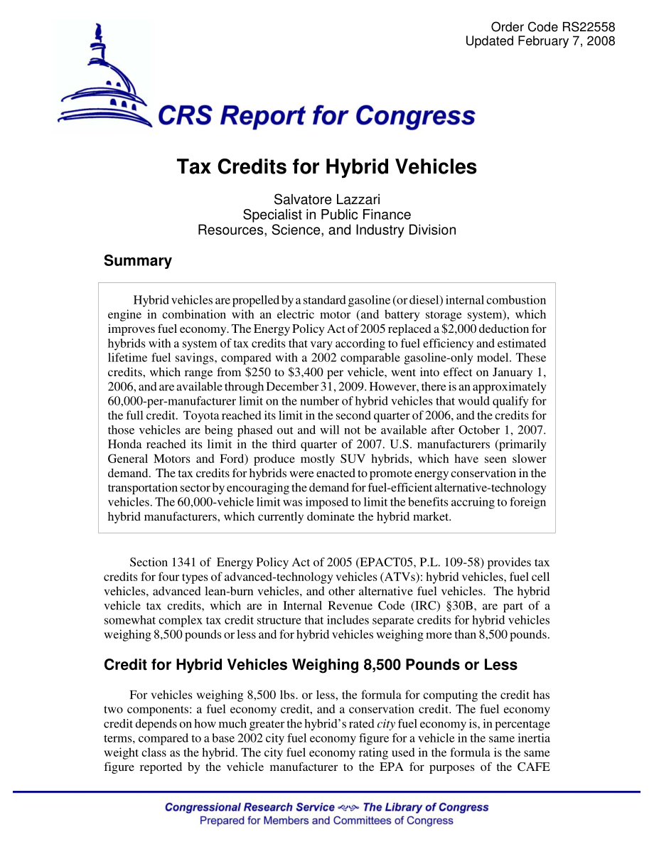 [20080207]RS22558_混合动力汽车的税收抵免.pdf_第1页