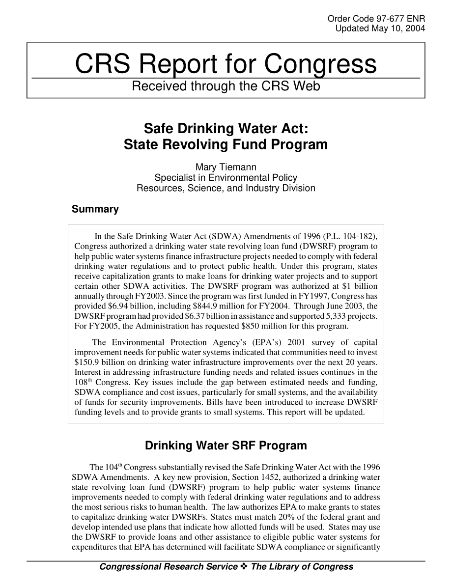 [20040510]97-677ENR_安全饮用水法案：国家循环基金计划.pdf_第1页