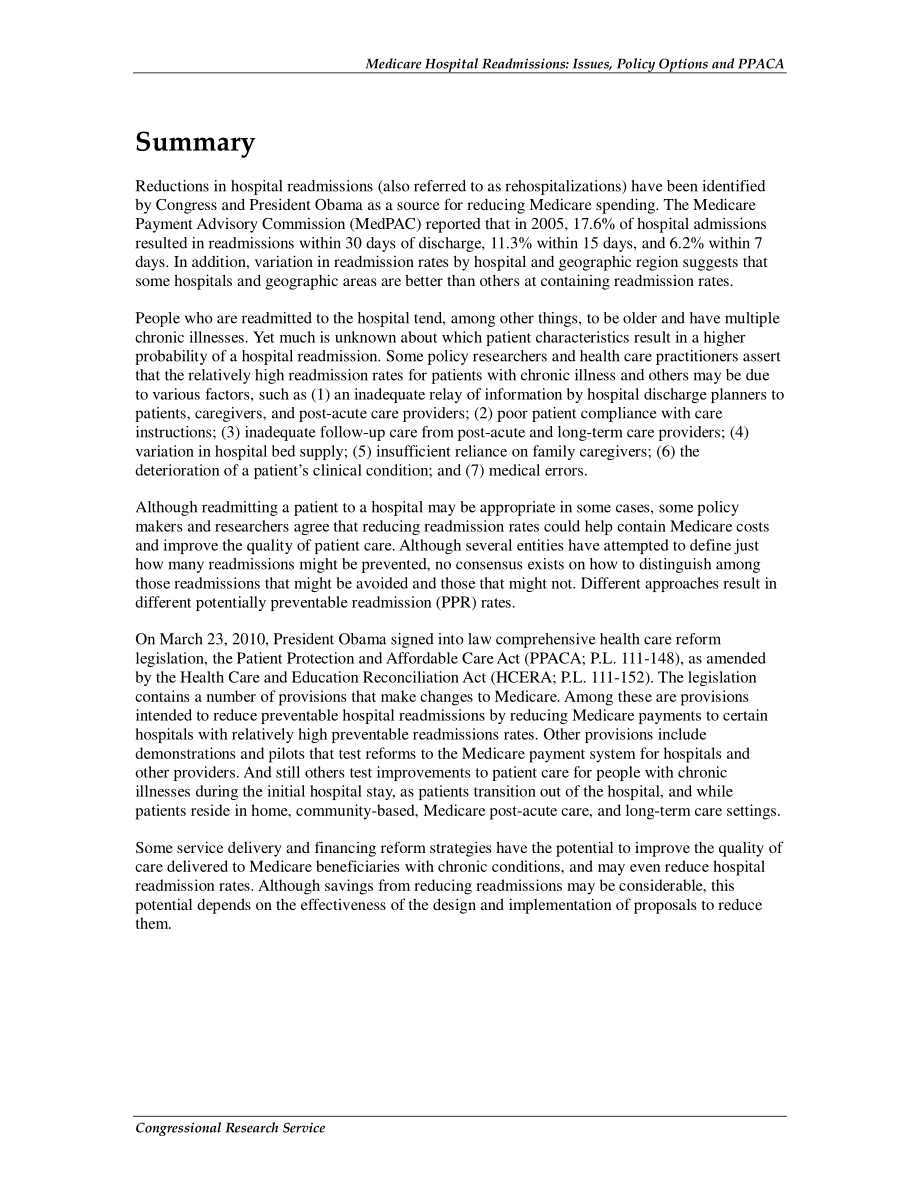 [20100921]R40972_医疗保险医院再入院：问题、政策选择和PPACA.pdf_第2页