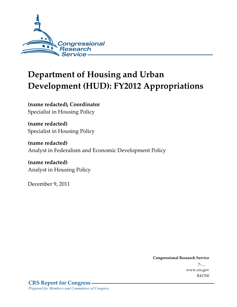 [20111209]R41700_住房和城市发展部（HUD）：2012财年拨款.pdf_第1页