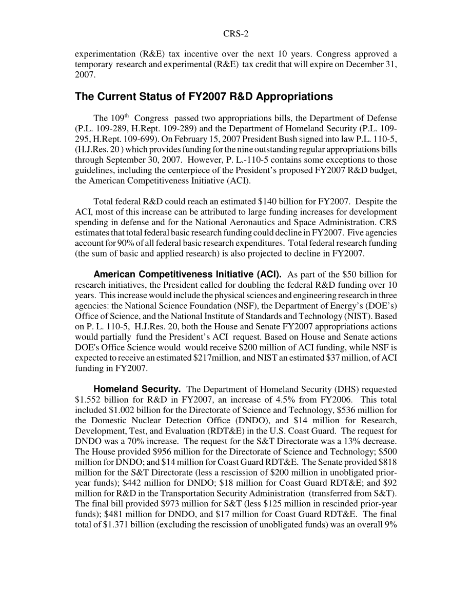 [20070313]RS22523_持续决议下的联邦研发资金.pdf_第2页