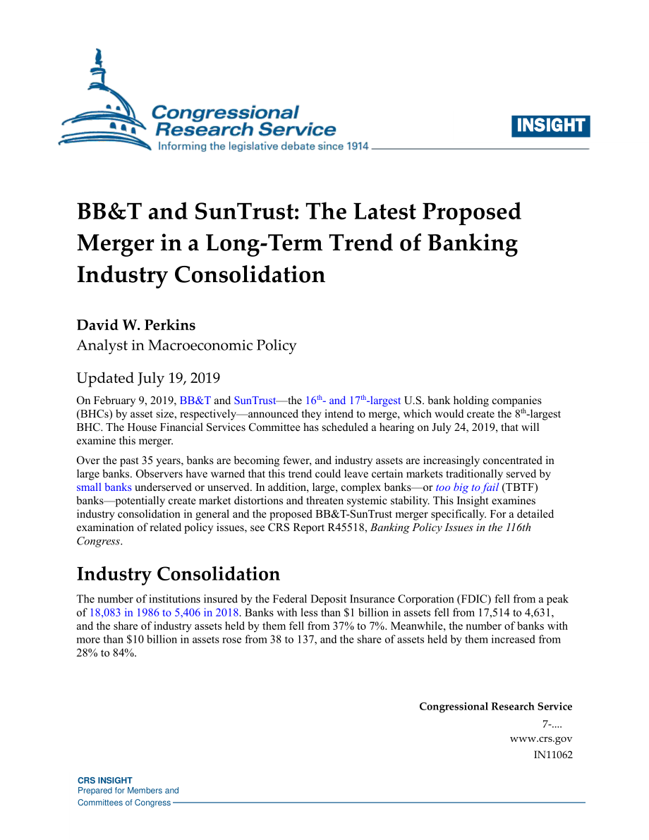 [20190719]IN11062_BB&T和SunTrust：银行业合并长期趋势中的最新拟议合并.pdf_第1页
