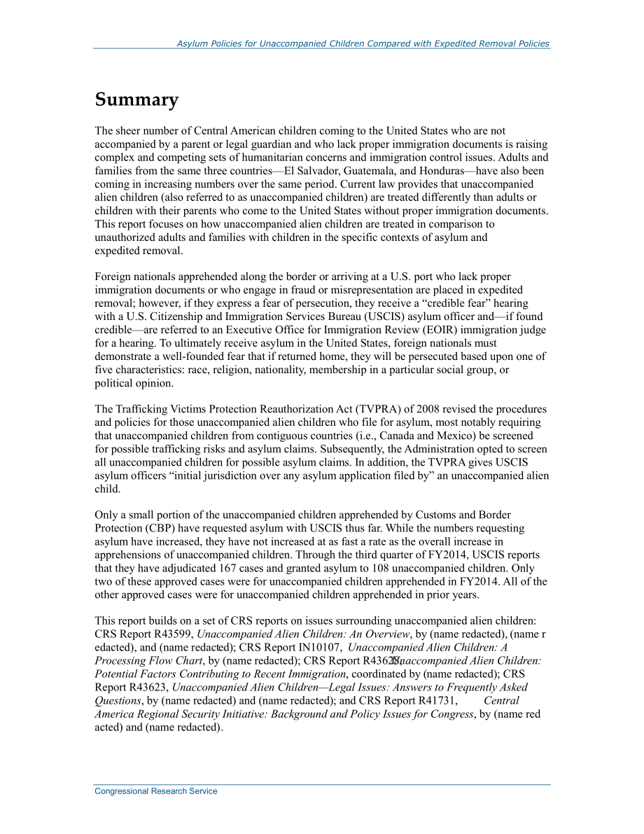 [20140730]R43664_孤身儿童庇护政策与未经授权成年人快速迁移政策的比较：简言之.pdf_第2页