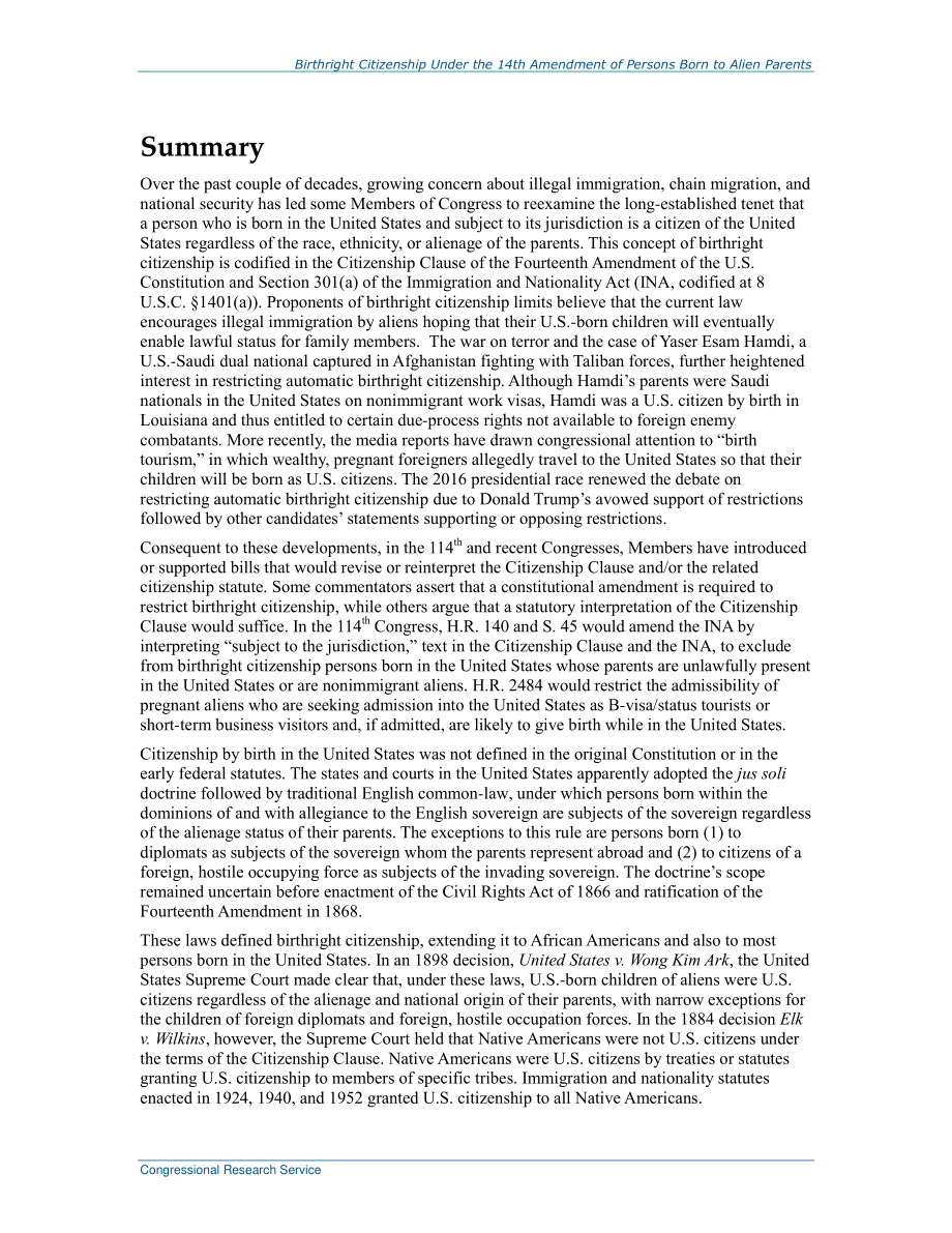 [20150820]RL33079_《第十四条修正案》规定的外籍父母在美国出生的人的出生权公民身份.pdf_第2页