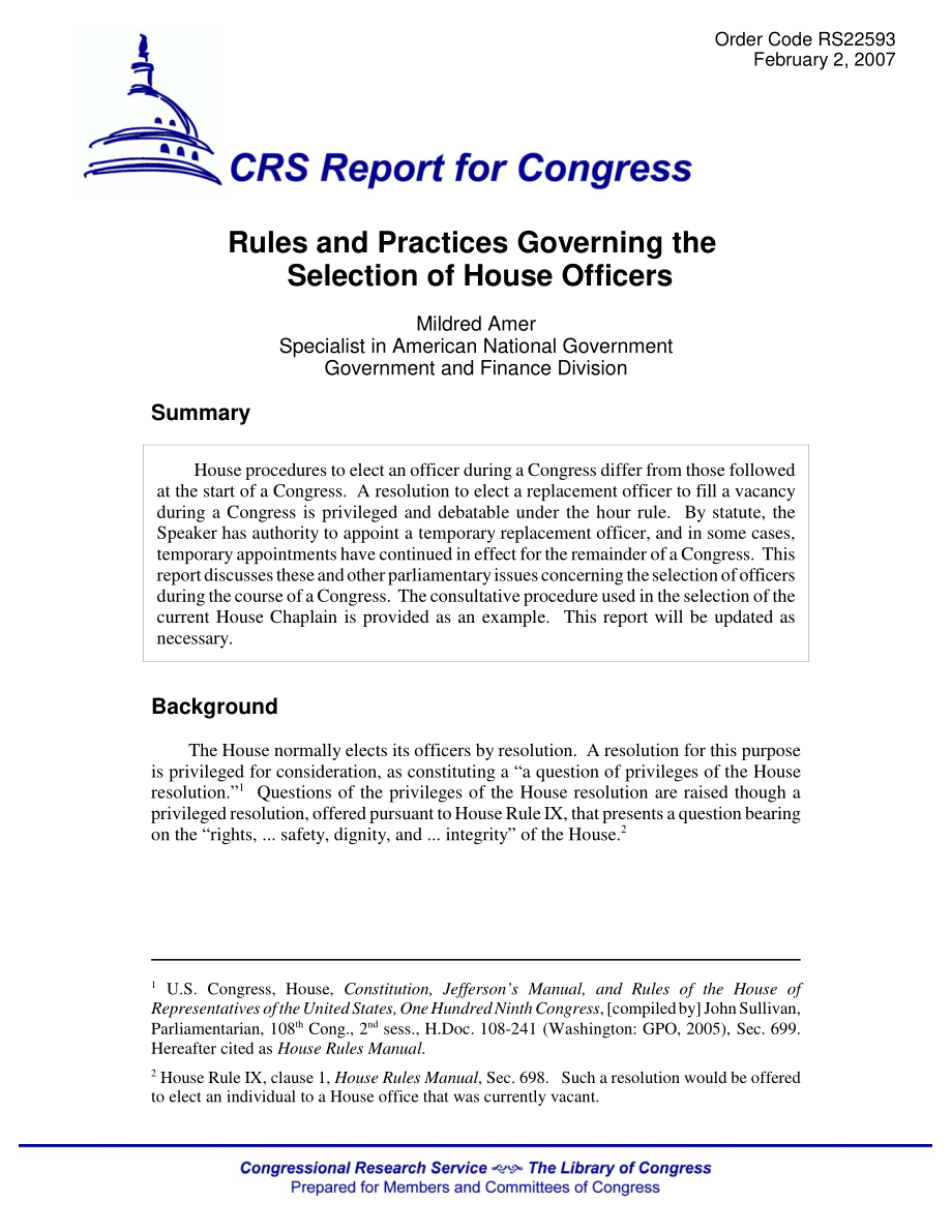 [20070202]RS22593_管理众议院官员选拔的规则和实践.pdf_第1页