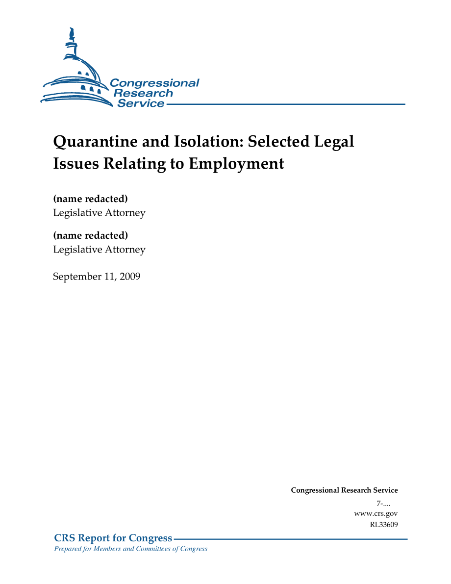 [20090911]RL33609_隔离检疫：选定的与就业有关的法律问题.pdf_第1页