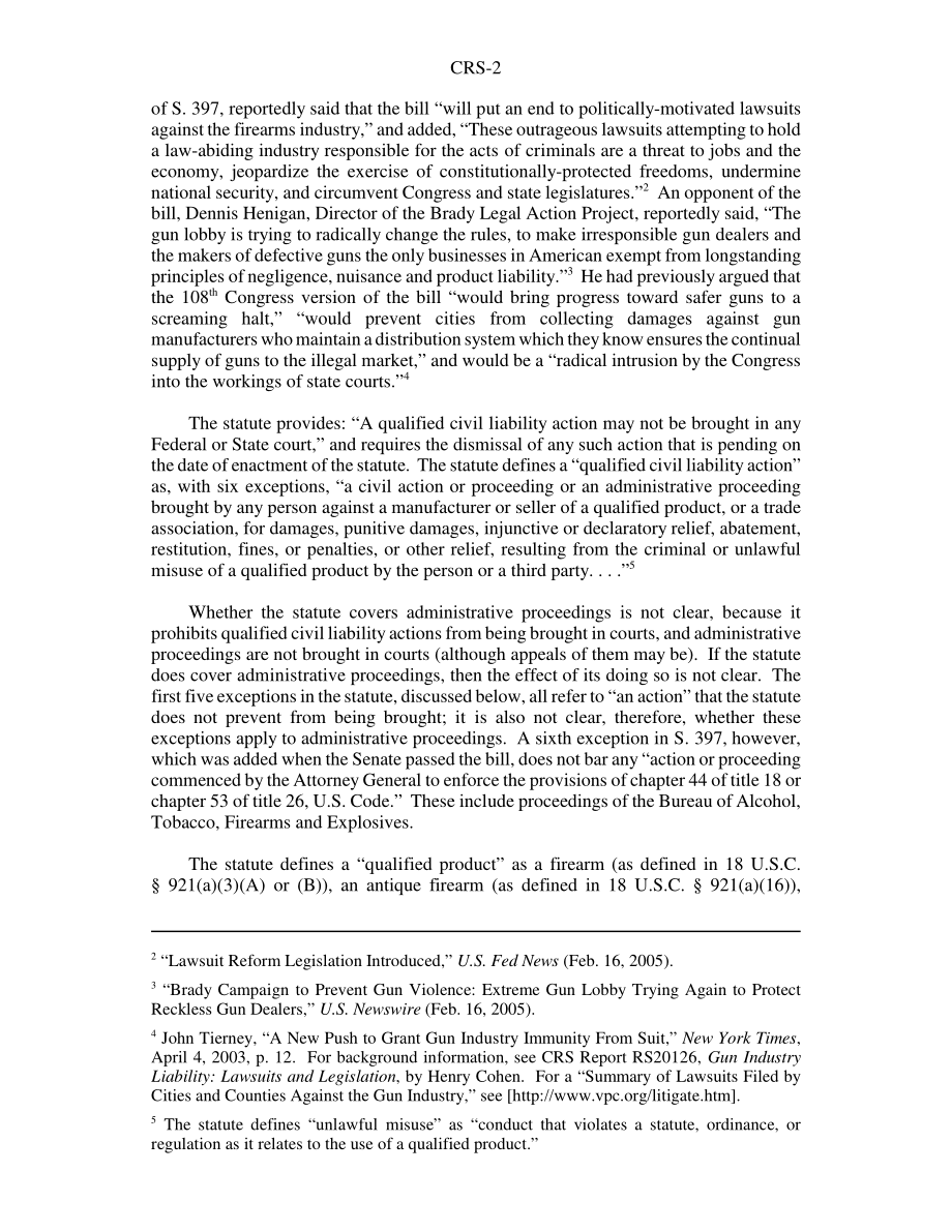 [20051108]RS22074_限制枪支制造商和枪支销售商的侵权责任：P.L.的法律分析109-92 (2005).pdf_第2页
