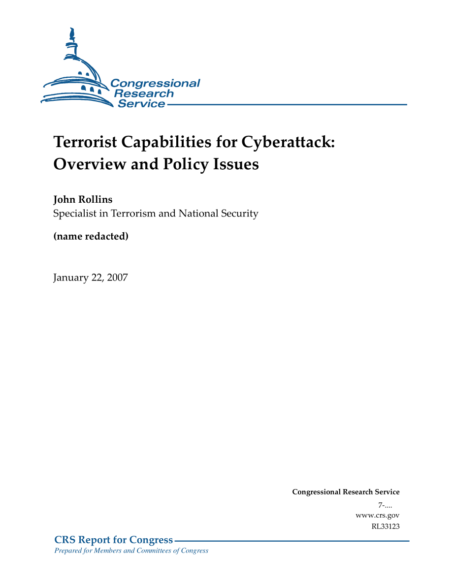 [20070122]RL33123_恐怖分子网络攻击能力：概述和政策问题.pdf_第1页