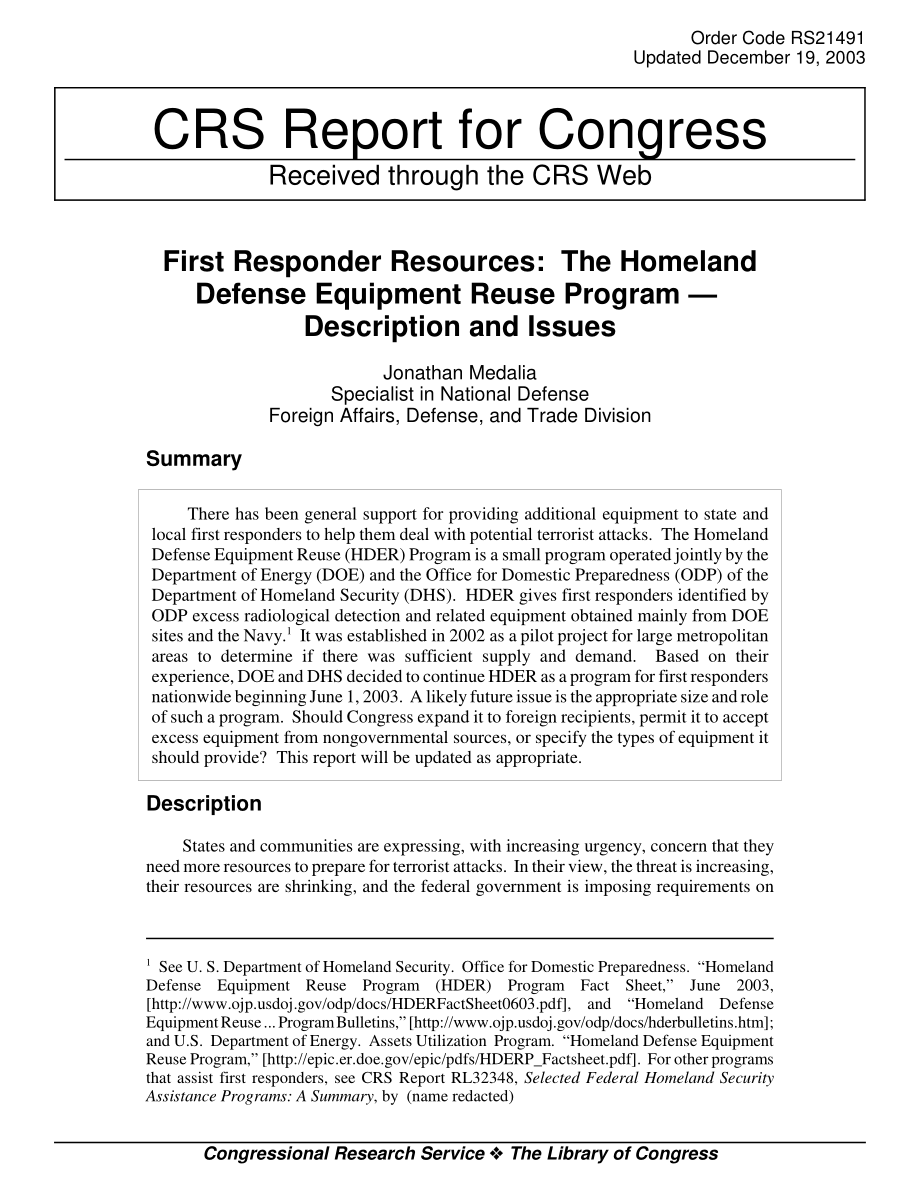 [20031219]RS21491_第一响应者资源：国土防御设备再利用计划——描述和问题.pdf_第1页