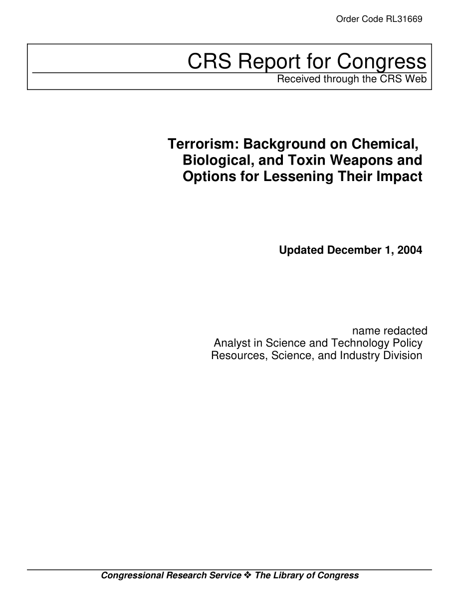 [20041201]RL31669_恐怖主义：化学、生物和毒素武器的背景和减轻其影响的选择.pdf_第1页