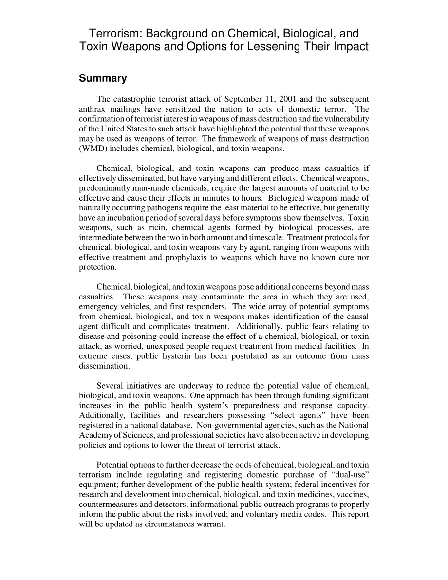 [20041201]RL31669_恐怖主义：化学、生物和毒素武器的背景和减轻其影响的选择.pdf_第2页