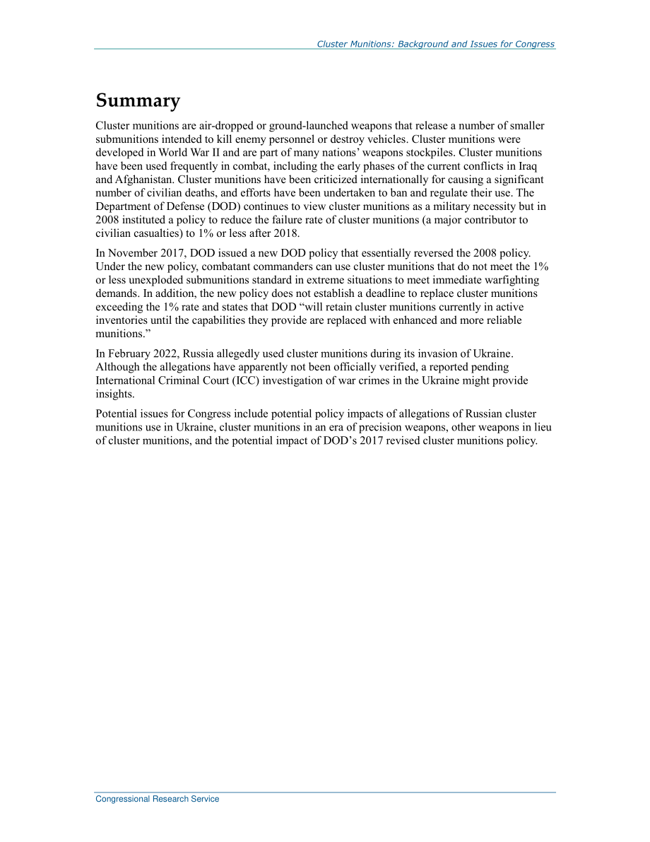 [20220309]RS22907_集束弹药：国会背景和议题.pdf_第2页