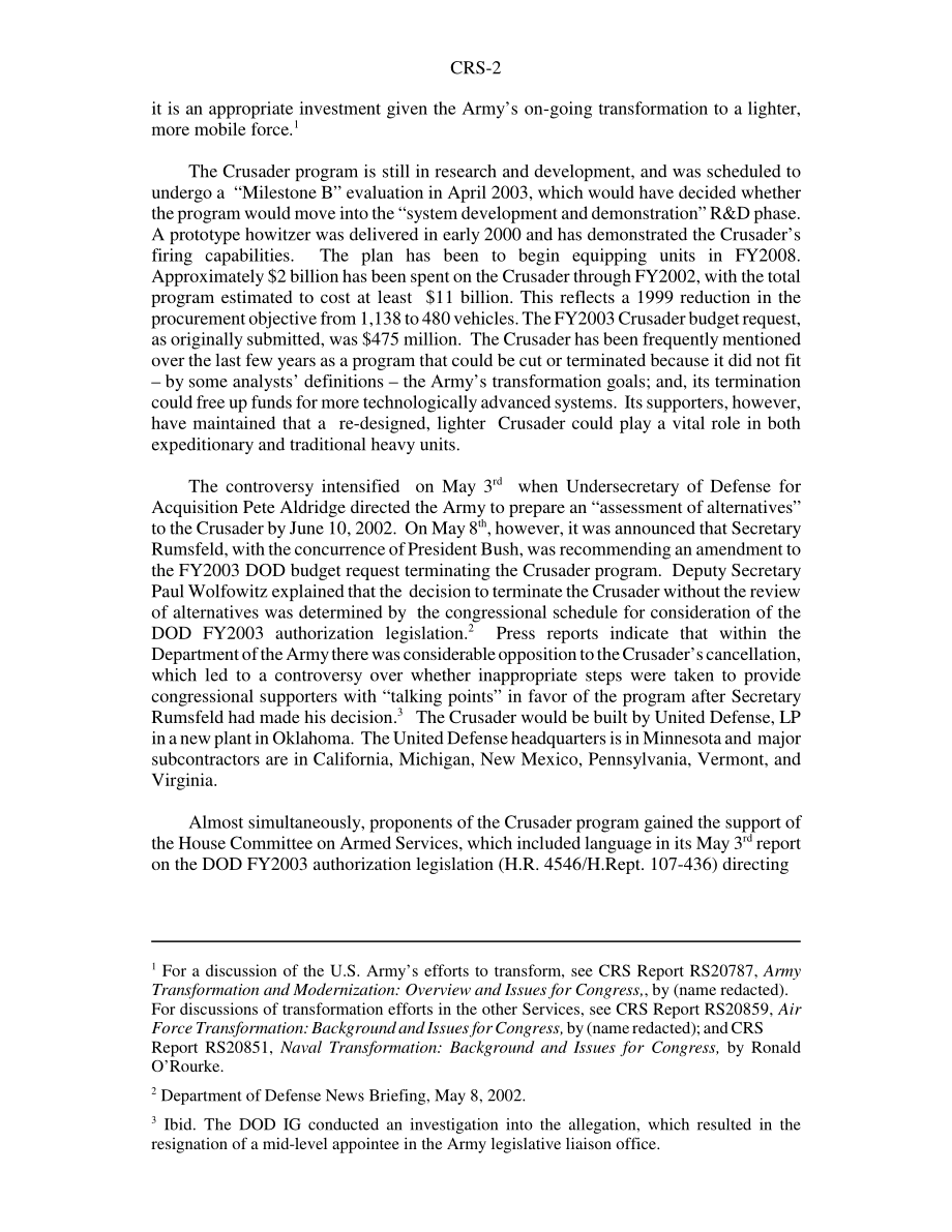 [20020625]RS21218_十字军XM2001自行榴弹炮：国会背景和议题.pdf_第2页