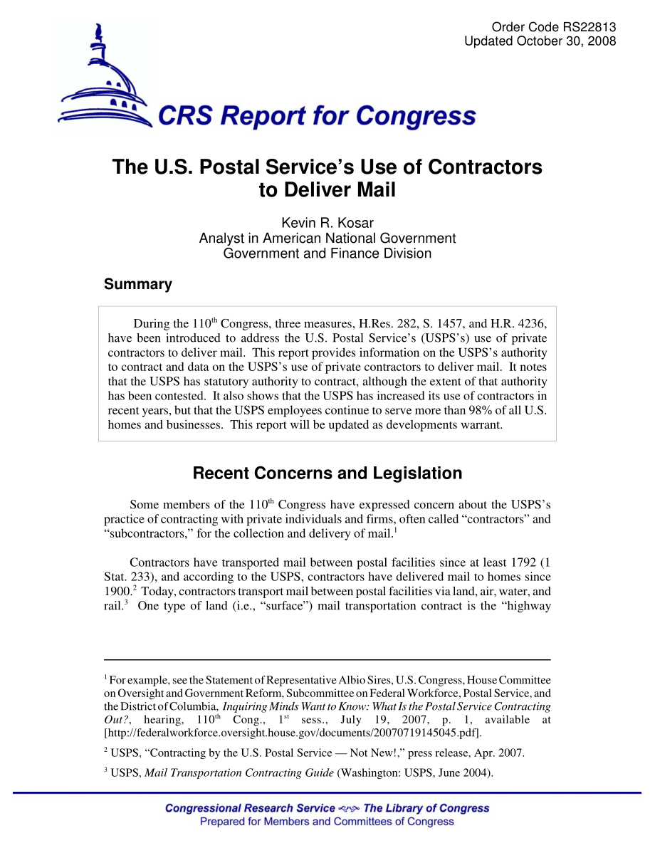 [20081030]RS22813_美国邮政局使用承包商投递邮件.pdf_第1页