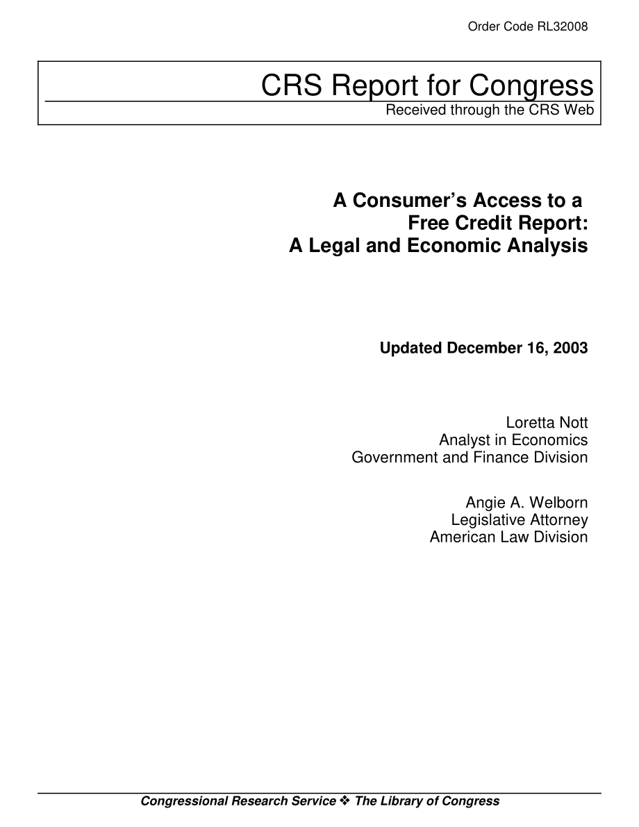 [20031216]RL32008_消费者获得免费信用报告：法律和经济分析.pdf_第1页