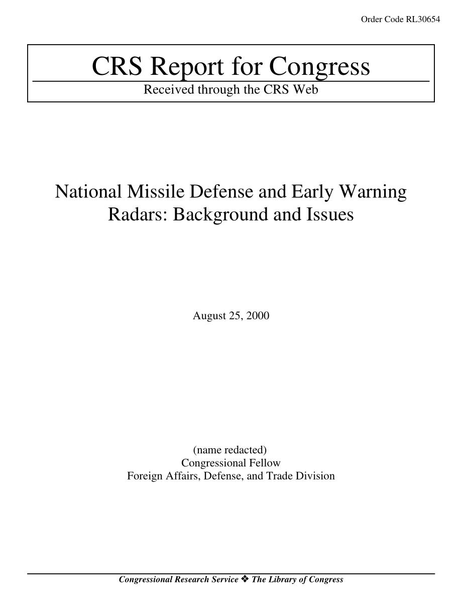 [20000825]RL30654_国家导弹防御和预警雷达：背景和问题.pdf_第1页