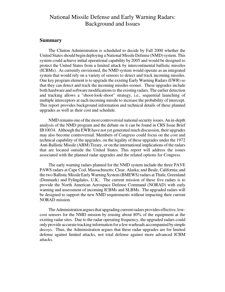 [20000825]RL30654_国家导弹防御和预警雷达：背景和问题.pdf_第2页