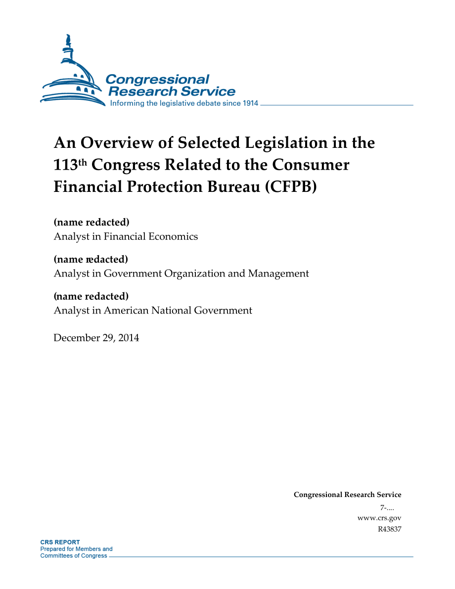 [20141229]R43837_第113届国会与消费者金融保护局（CFPB）相关的部分立法概述.pdf_第1页