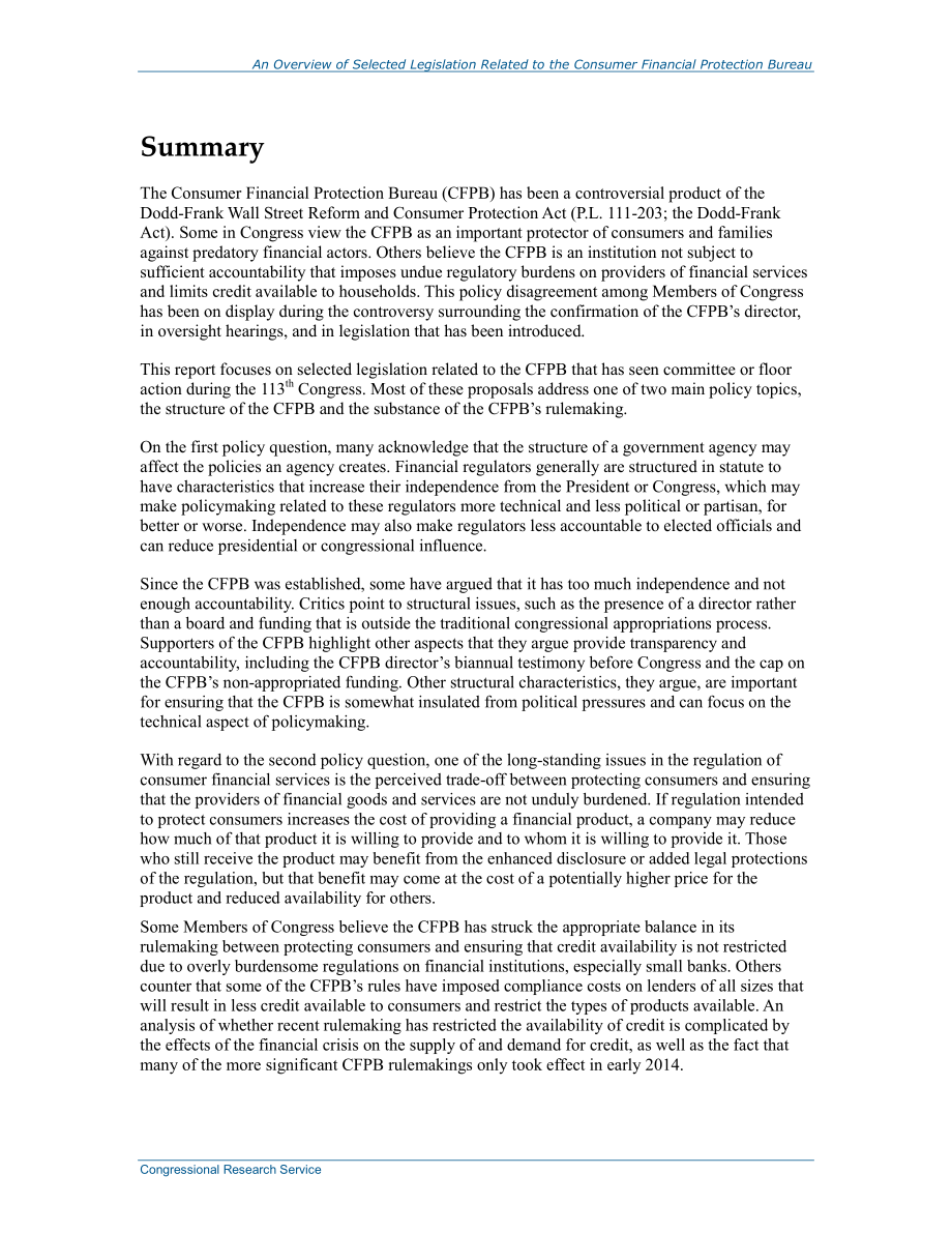 [20141229]R43837_第113届国会与消费者金融保护局（CFPB）相关的部分立法概述.pdf_第2页