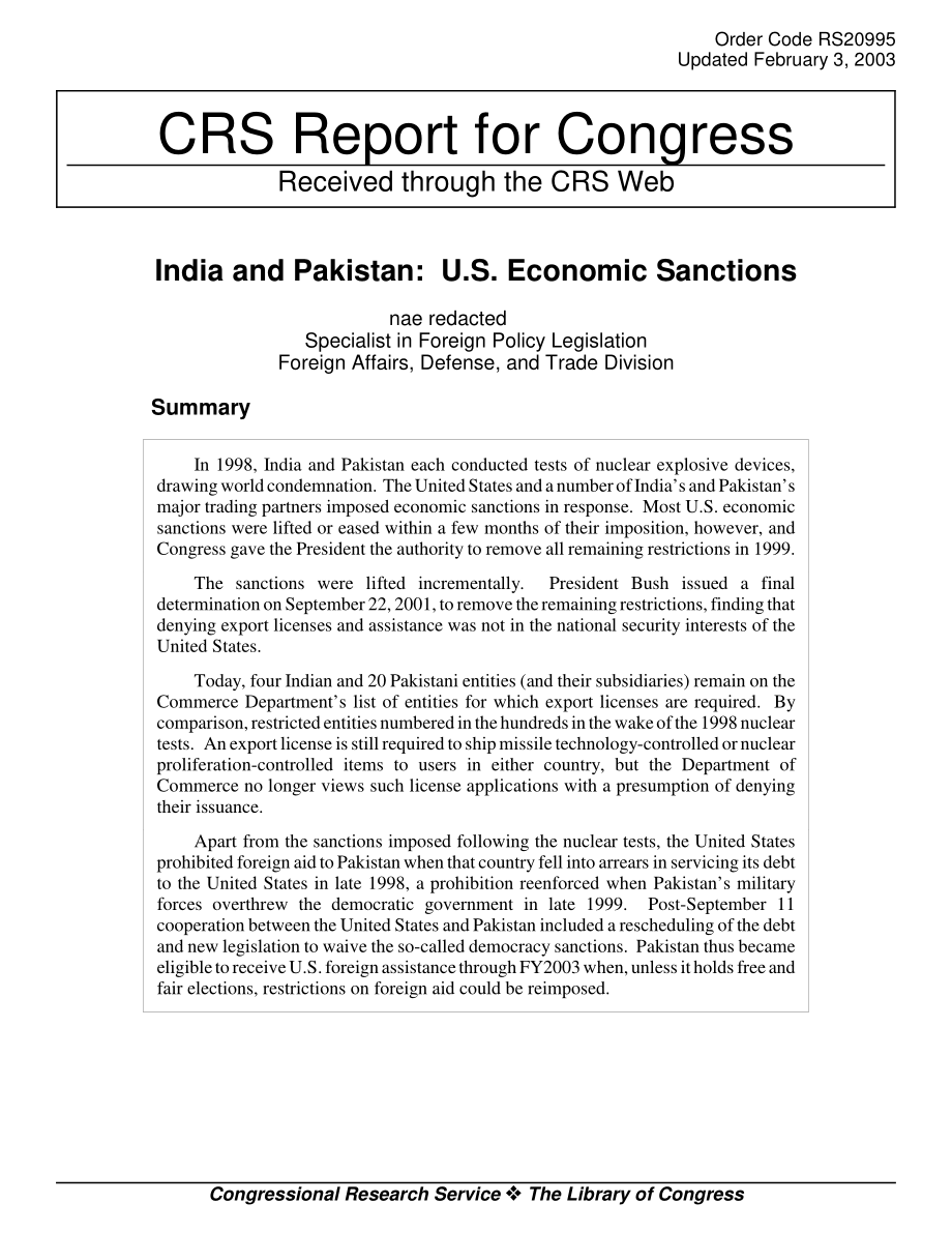 [20030203]RS20995_印度和巴基斯坦：美国经济制裁.pdf_第1页