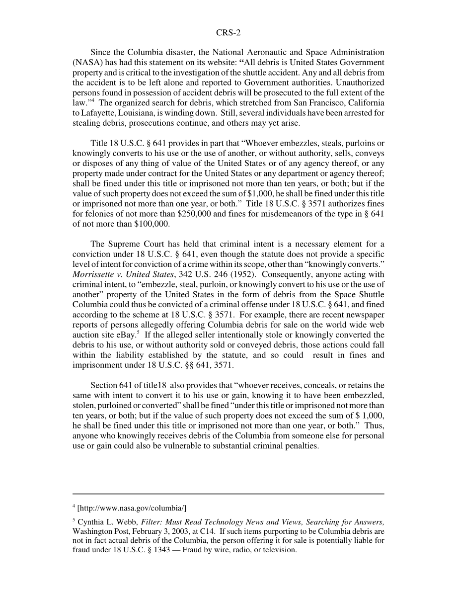 [20030612]RS21417_哥伦比亚号航天飞机碎片失窃：刑事处罚.pdf_第2页