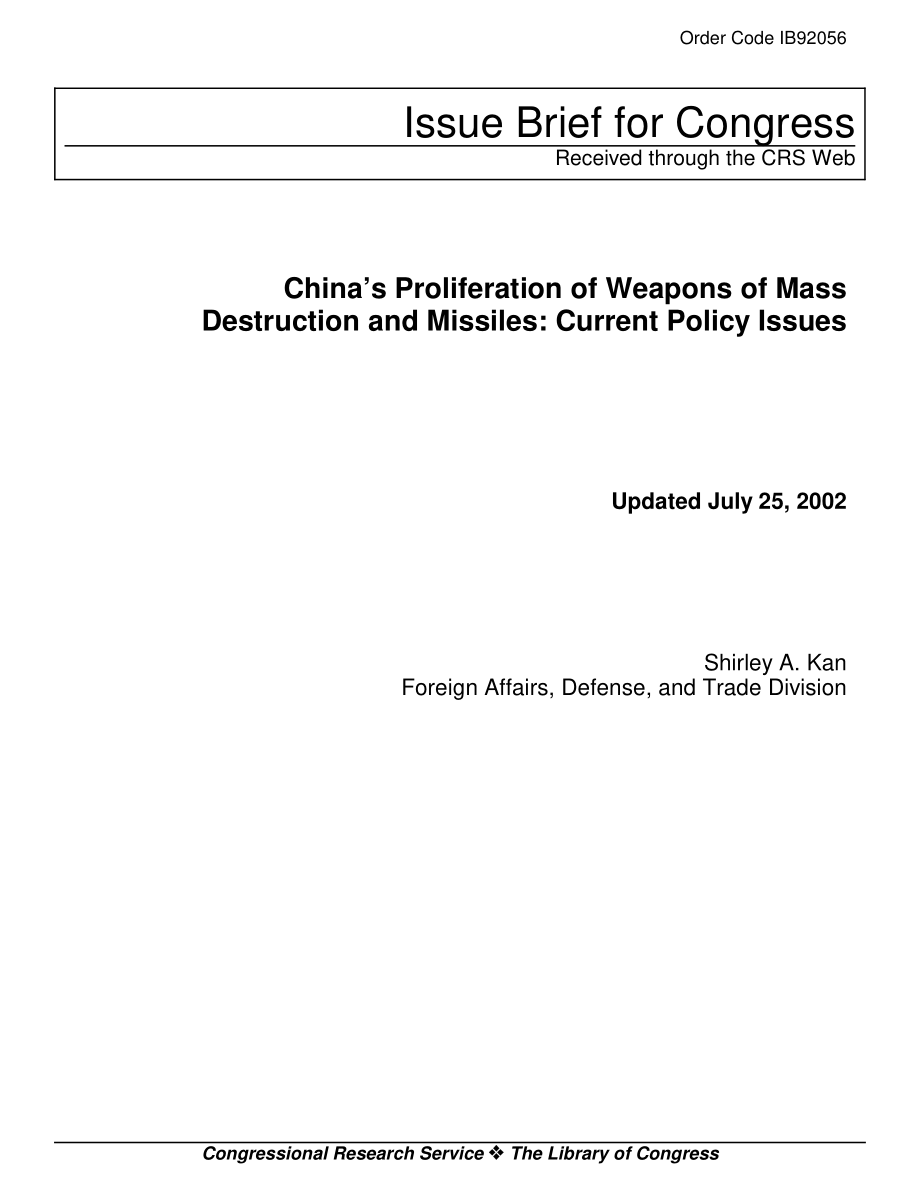 [20020725]IB92056_中国大规模杀伤性武器和导弹的扩散：当前政策问题.pdf_第1页