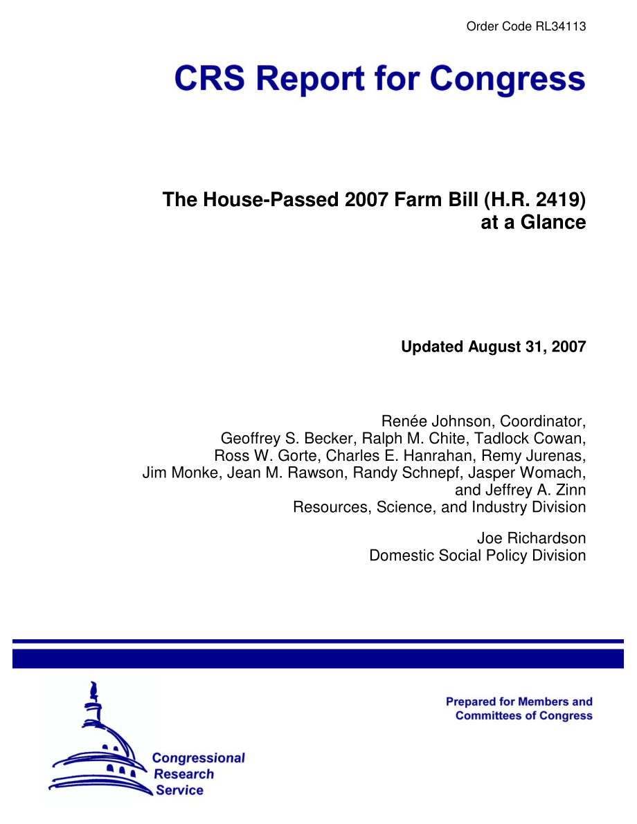 [20070831]RL34113_众议院通过了2007年农业法案（H.R.2419）概览.pdf_第1页