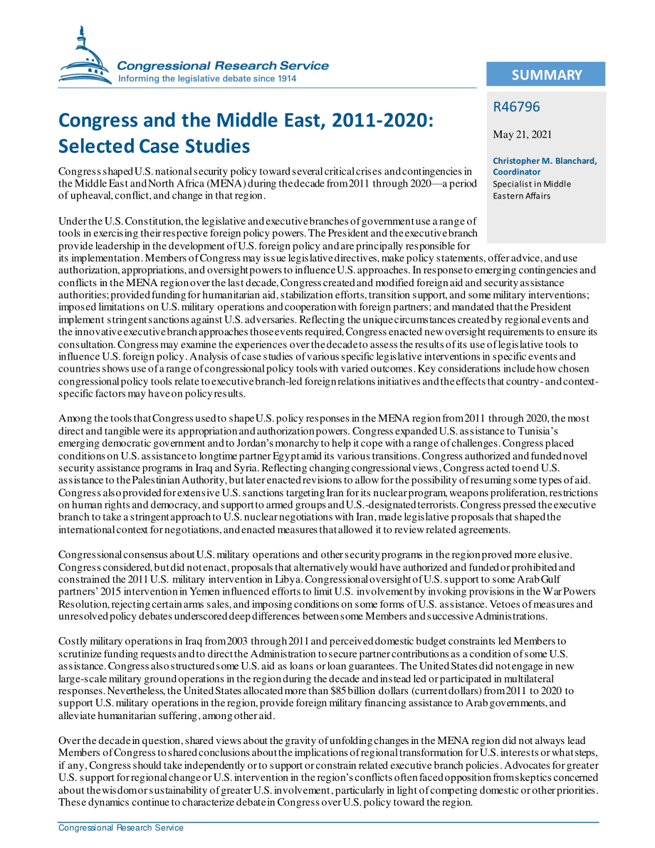 [20210521]R46796_2011-2020年国会与中东：选定的案例研究.pdf_第2页