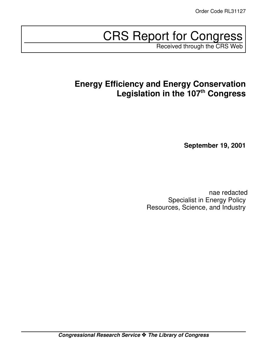 [20010919]RL31127_第107届国会能效和节能立法.pdf_第1页