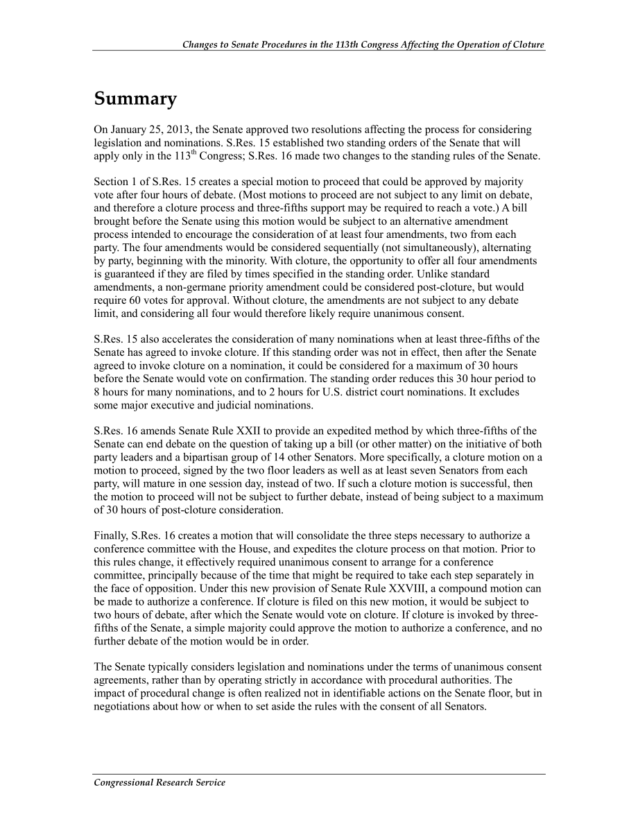 [20130319]R42996_第113届国会开始时对参议院程序的修改影响了Cloture的运作（S.Res15和S.Res16).pdf_第2页