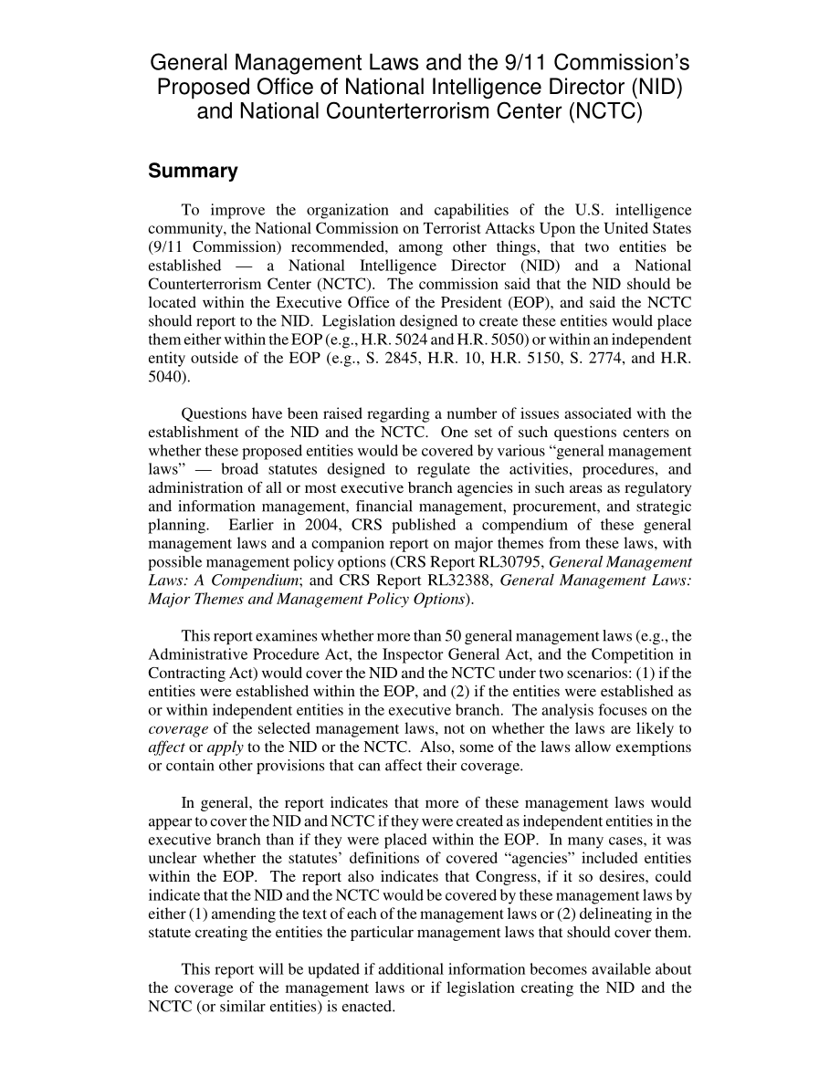 [20041005]RL32592_综合管理法和9·11委员会提议的国家情报局长办公室（NID）和国家反恐中心（NCTC）.pdf_第2页