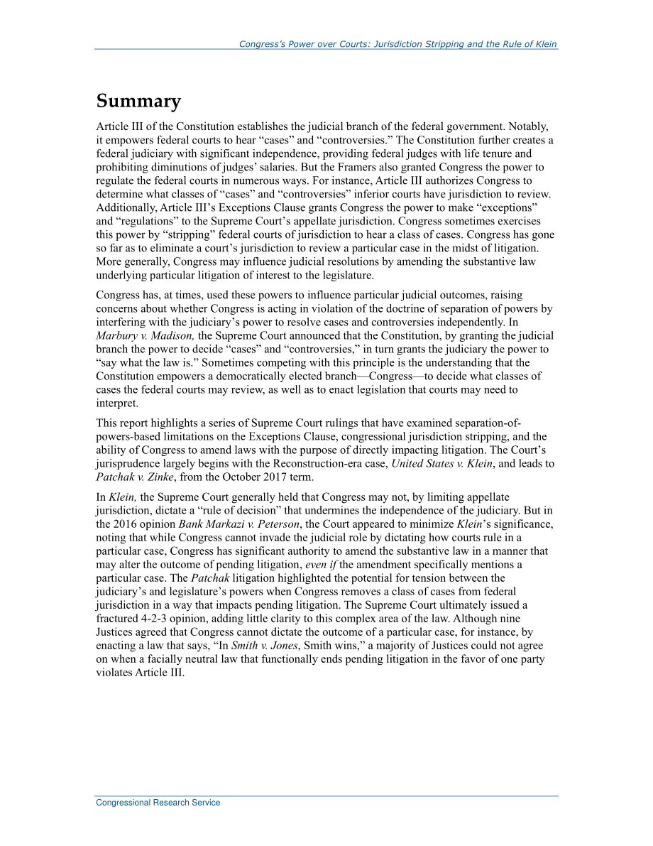 [20180809]R44967_国会对法院的权力：管辖权剥离与克莱因规则.pdf_第2页