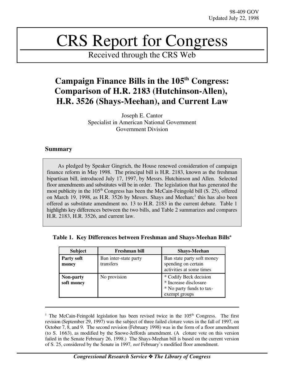[19980722]98-409GOV_第105届国会的竞选融资法案：H.R.的比较2183（和记黄埔-艾伦）H.R.3526（Shays Meehan）和现行法律.pdf_第1页