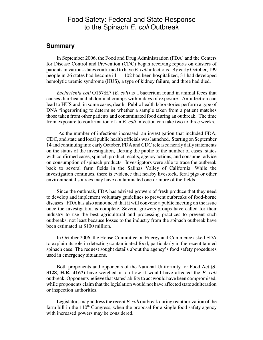 [20061113]RL33722_食品安全：联邦和州对菠菜大肠杆菌爆发的反应.pdf_第2页