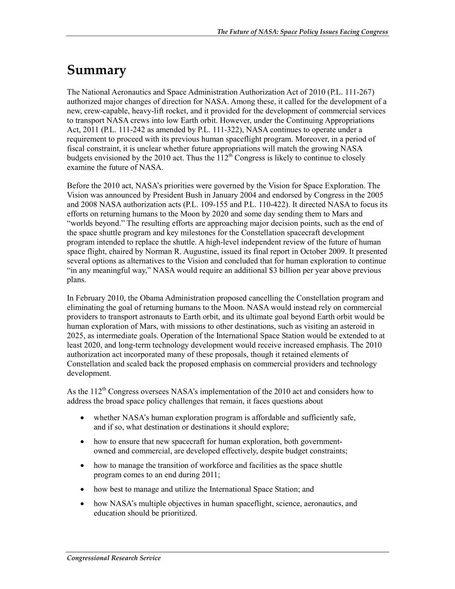 [20110127]R41016_NASA的未来：国会面临的空间政策问题.pdf_第2页