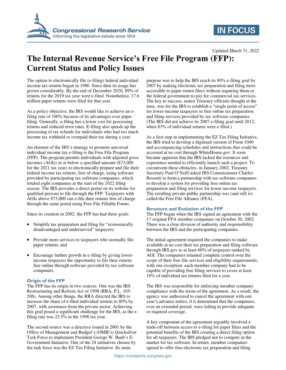 [20220331]IF11808_美国国税局的免费文件计划（FFP）：现状和政策问题.pdf_第1页