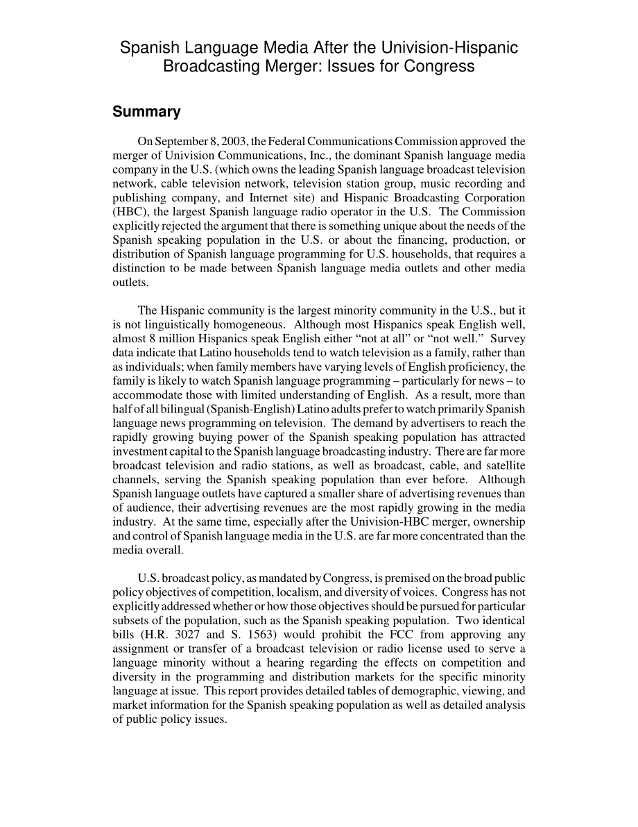 [20031020]RL32116_Univision西班牙裔广播合并后的西班牙语媒体：国会议题.pdf_第2页