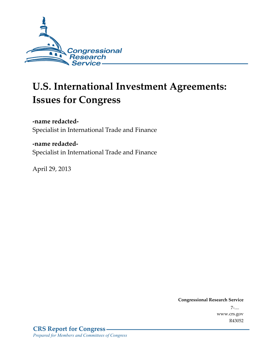 [20130429]R43052_美国国际投资协议：国会议题.pdf_第1页