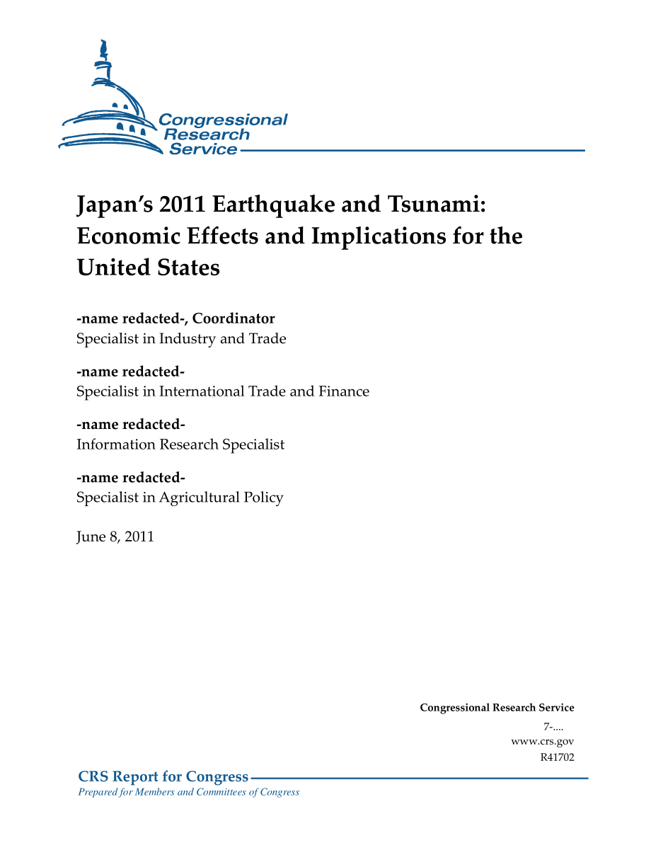 [20110608]R41702_2011年日本地震和海啸：对美国的经济影响和影响.pdf_第1页