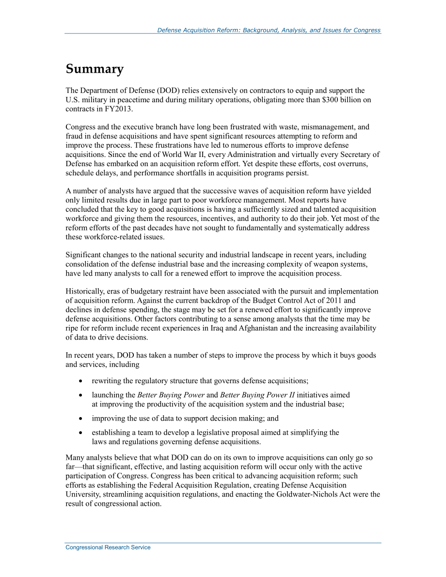 [20140523]R43566_国防采办改革：国会背景、分析和议题.pdf_第2页