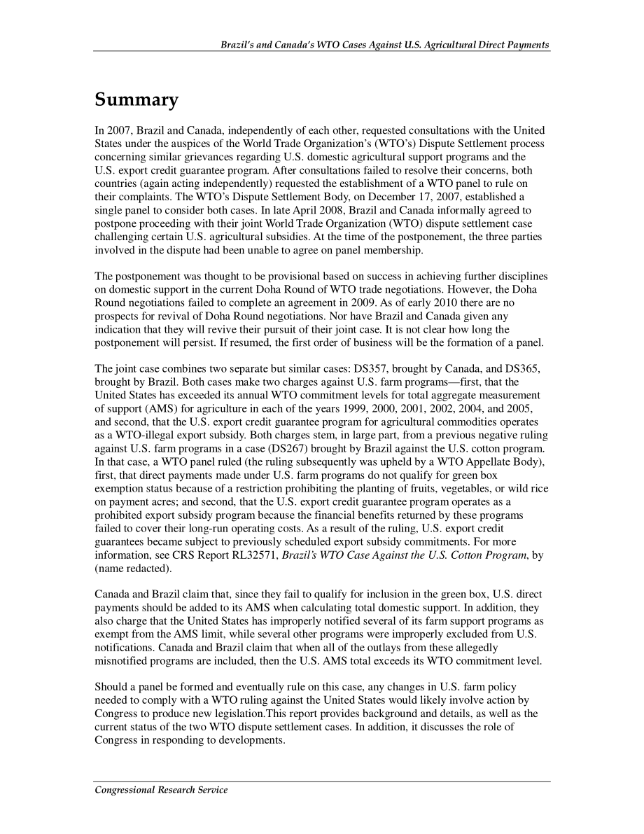 [20100127]RL34351_巴西和加拿大对美国农业直接支付的WTO案例.pdf_第2页