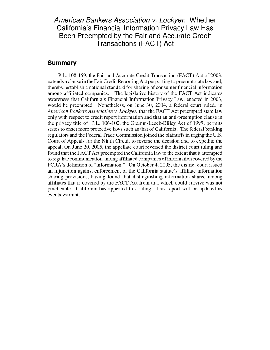 [20051123]RL32626_美国银行家协会诉洛克耶案：加利福尼亚州的金融信息隐私法是否已被《公平和准确的信贷交易（事实）法》所取代.pdf_第2页