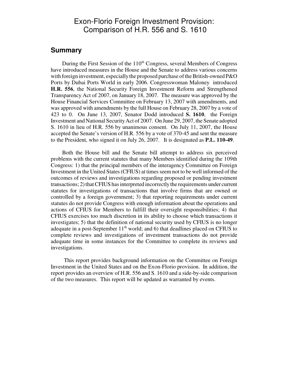 [20070807]RL34082_Exon Florio外国投资条款：H.R.的比较556和S.1610.pdf_第2页